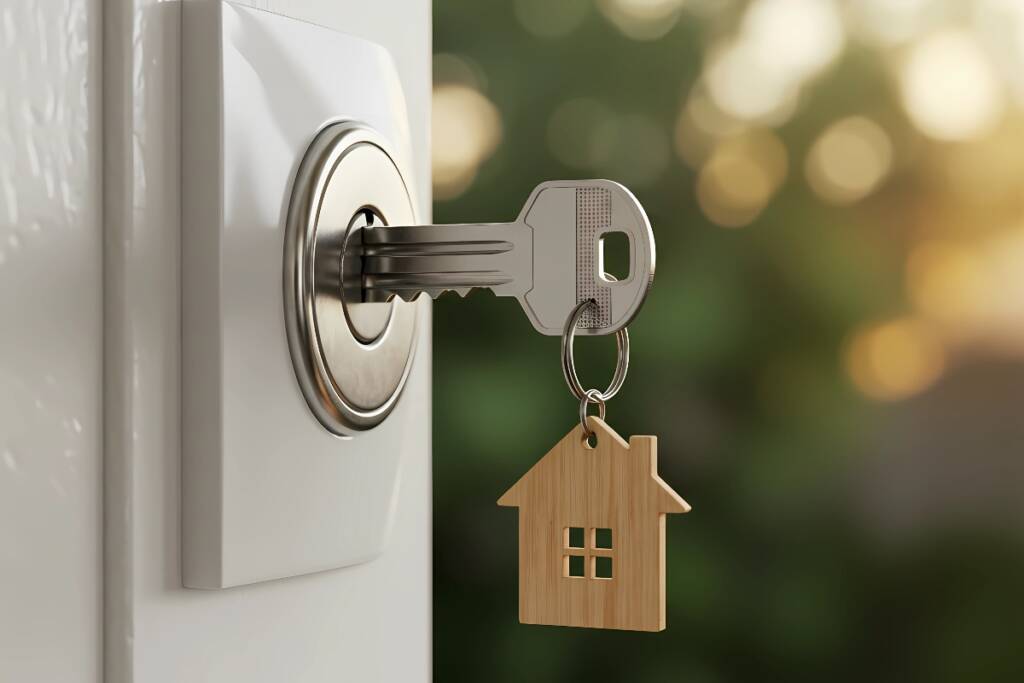 Chiavi della nuova casa inserite nella serratura con portachiavi a forma di casetta.