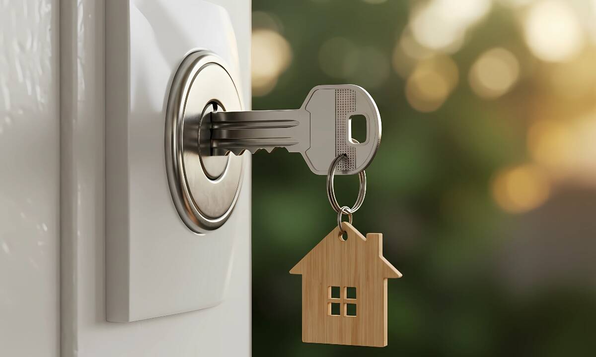 Chiavi della nuova casa inserite nella serratura con portachiavi a forma di casetta.