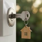 Chiavi della nuova casa inserite nella serratura con portachiavi a forma di casetta.