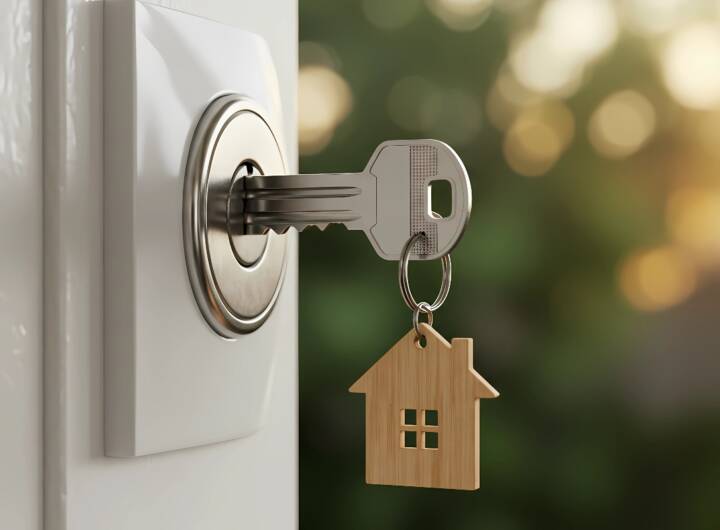 Chiavi della nuova casa inserite nella serratura con portachiavi a forma di casetta.