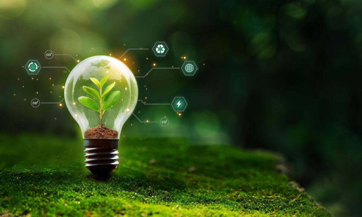 Energia pulita: concetto di sostenibilità raffigurato da una lampadina immersa nella natura con una foglia.